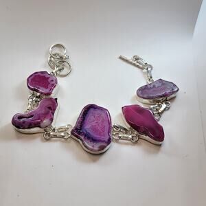 Gemstone Bracelets Sterling Silver Raw Pink Agate Slice Bracelet Adjustable Fit